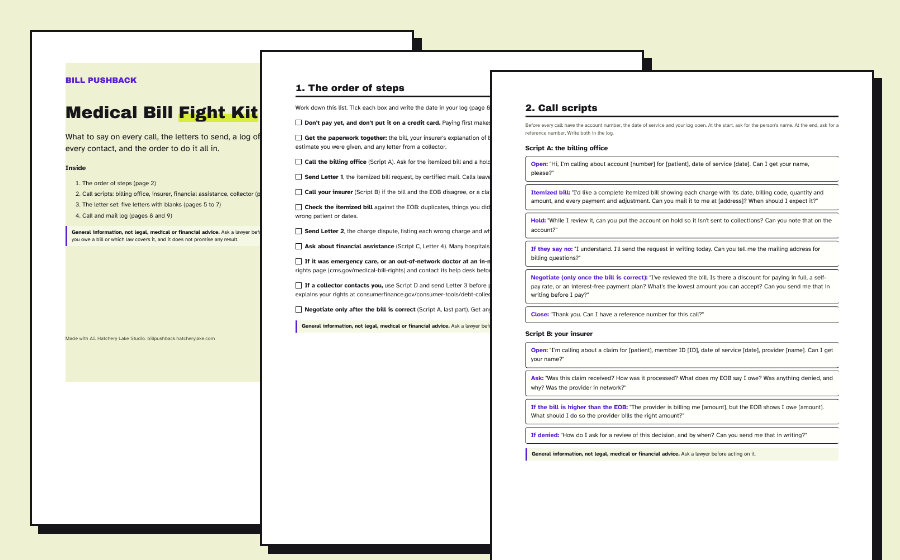 Three pages of the Medical Bill Fight Kit: its cover, the order of steps and the first call scripts